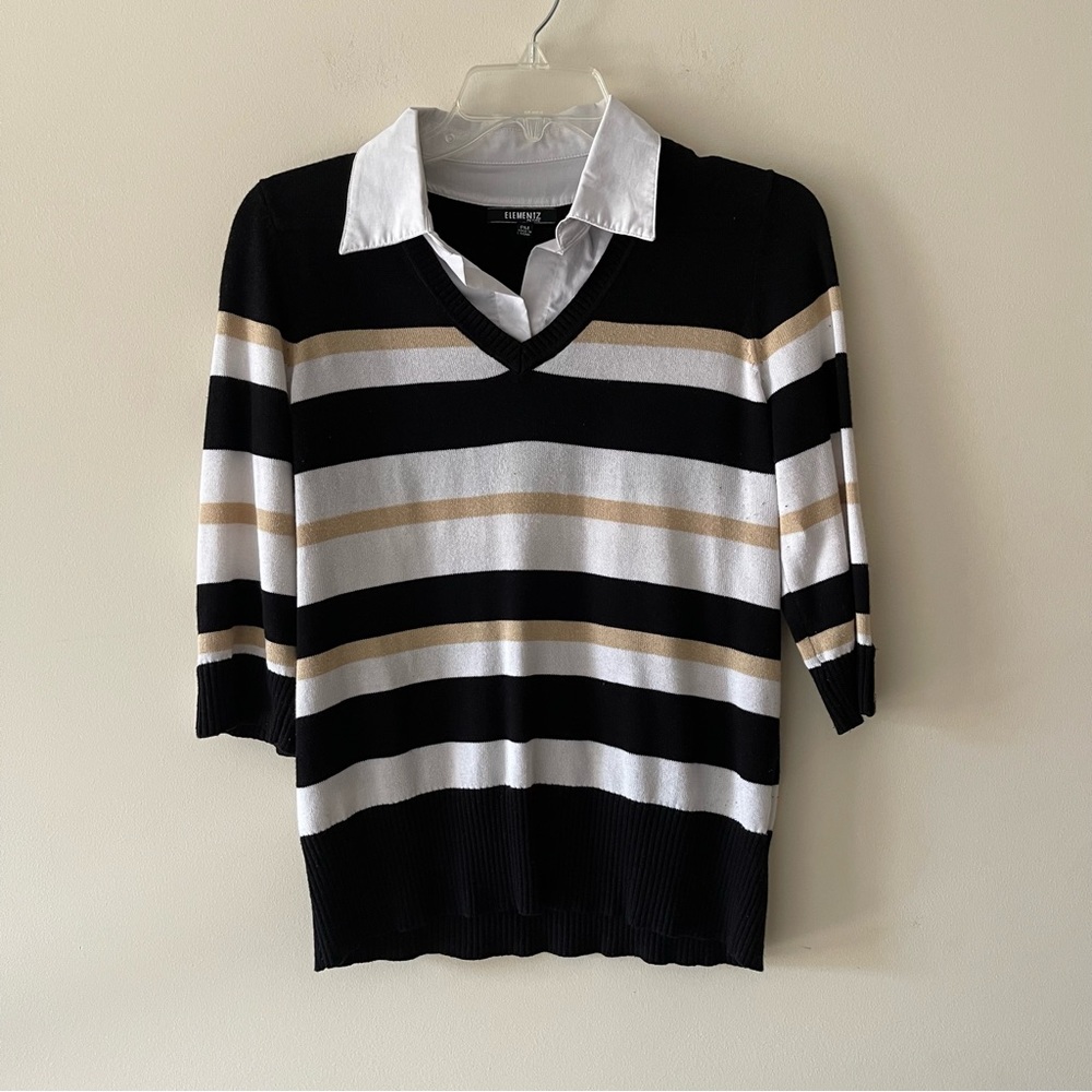 Black and Gold Multicolor Collared Sweater Blouse